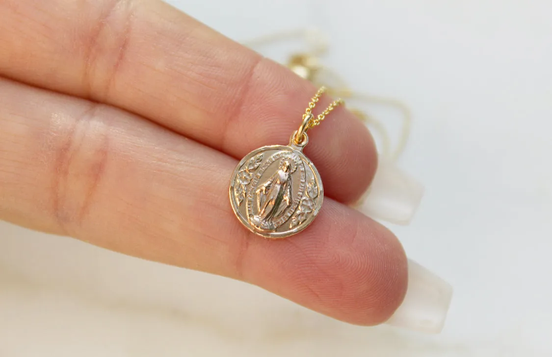 14k Gold Round Miraculous Medal Necklace