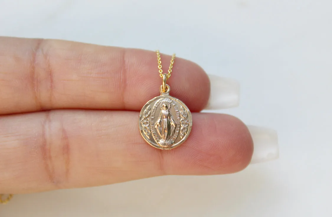 14k Gold Round Miraculous Medal Necklace