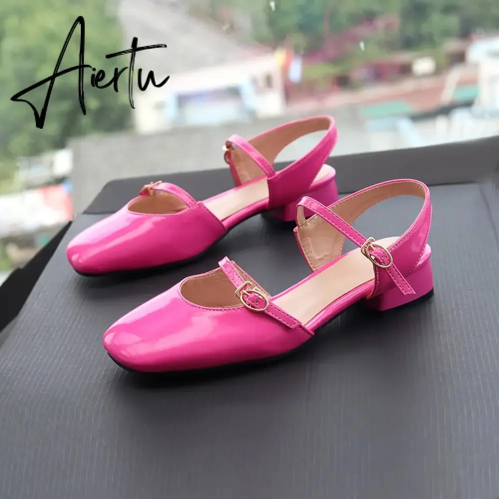 Aiertu Vintage Square Toe Buckle Band Mary Jane Flats Women Casual Loafers Flat Shoes Woman Ballerina Slip On Shallow Solid Moccasins