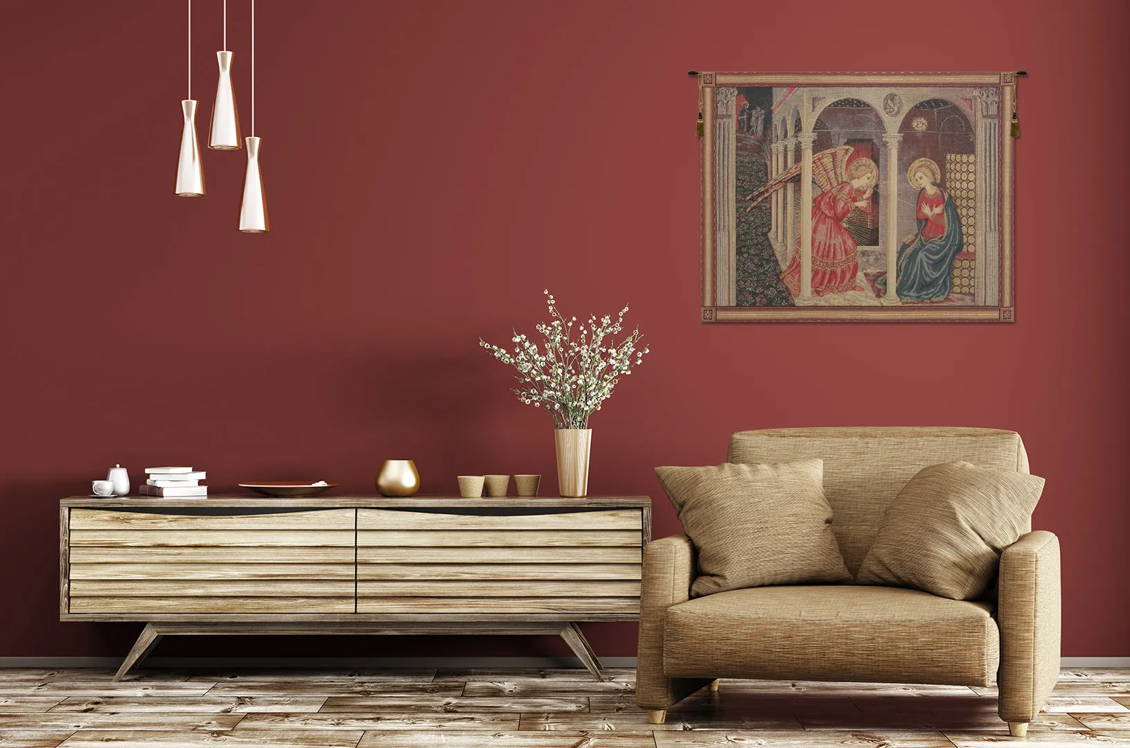 Annunciation with gold lurex European Tapestries by Fran Angelio