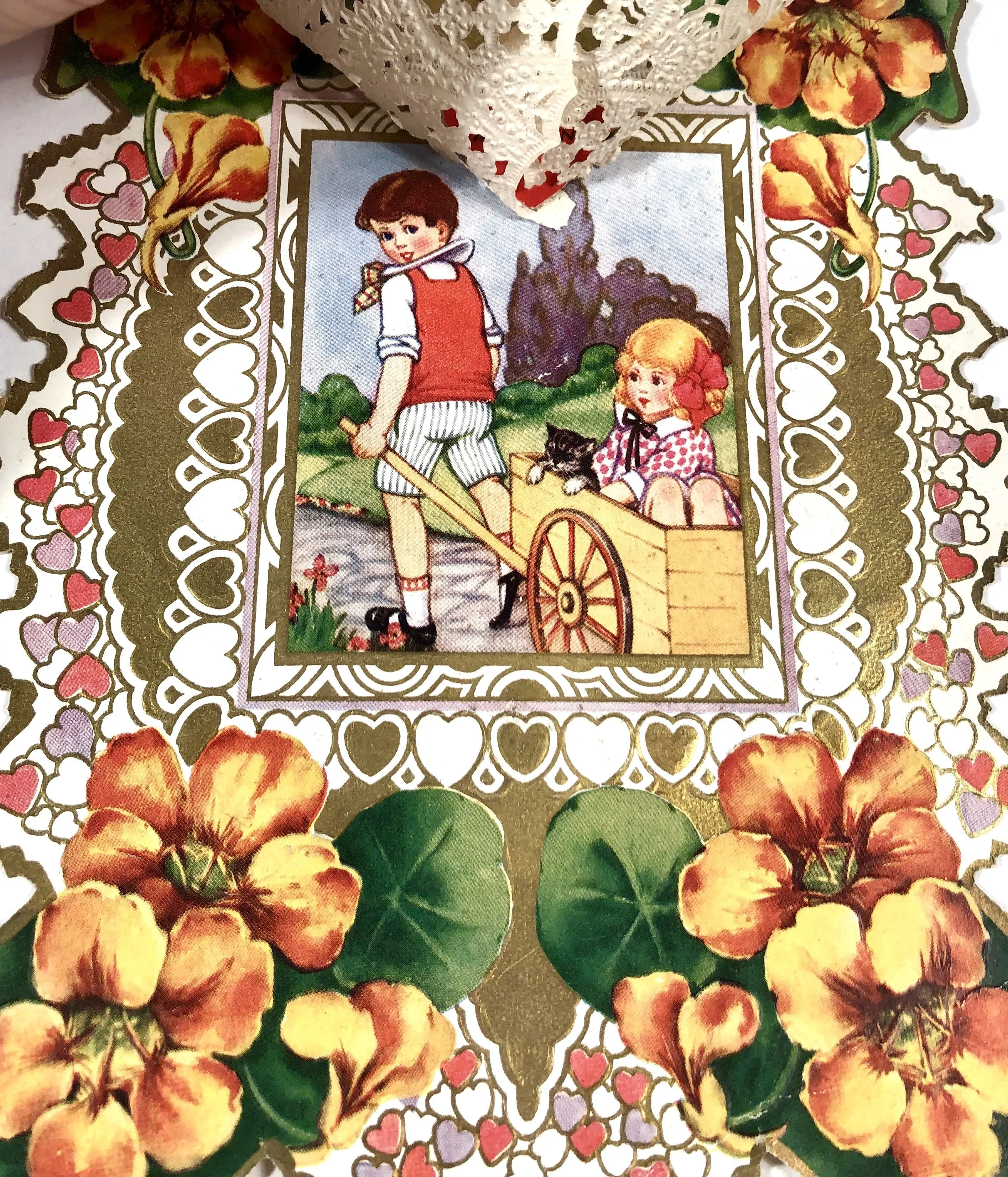 Antique 1920's Layered Paper VALENTINE Card || Die-Cut with Dollies