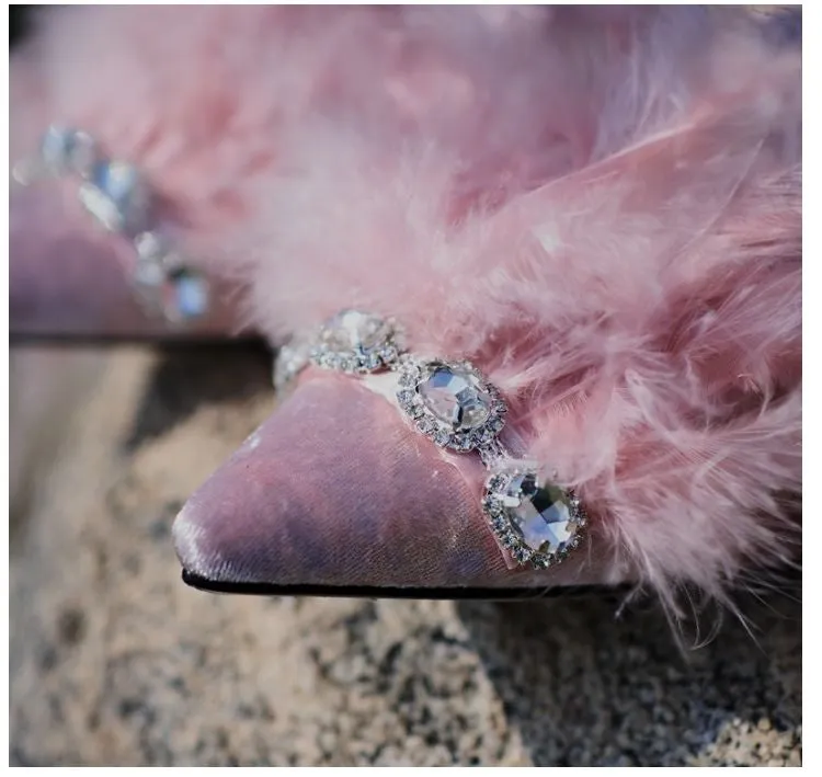 B-FEI regency  bridgerton inspired vintage pink romantic feather rhinestone French slipper mule - pirdr