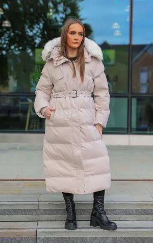 Beige Long Puffer Duvet Coat With Belt and Fur Hood