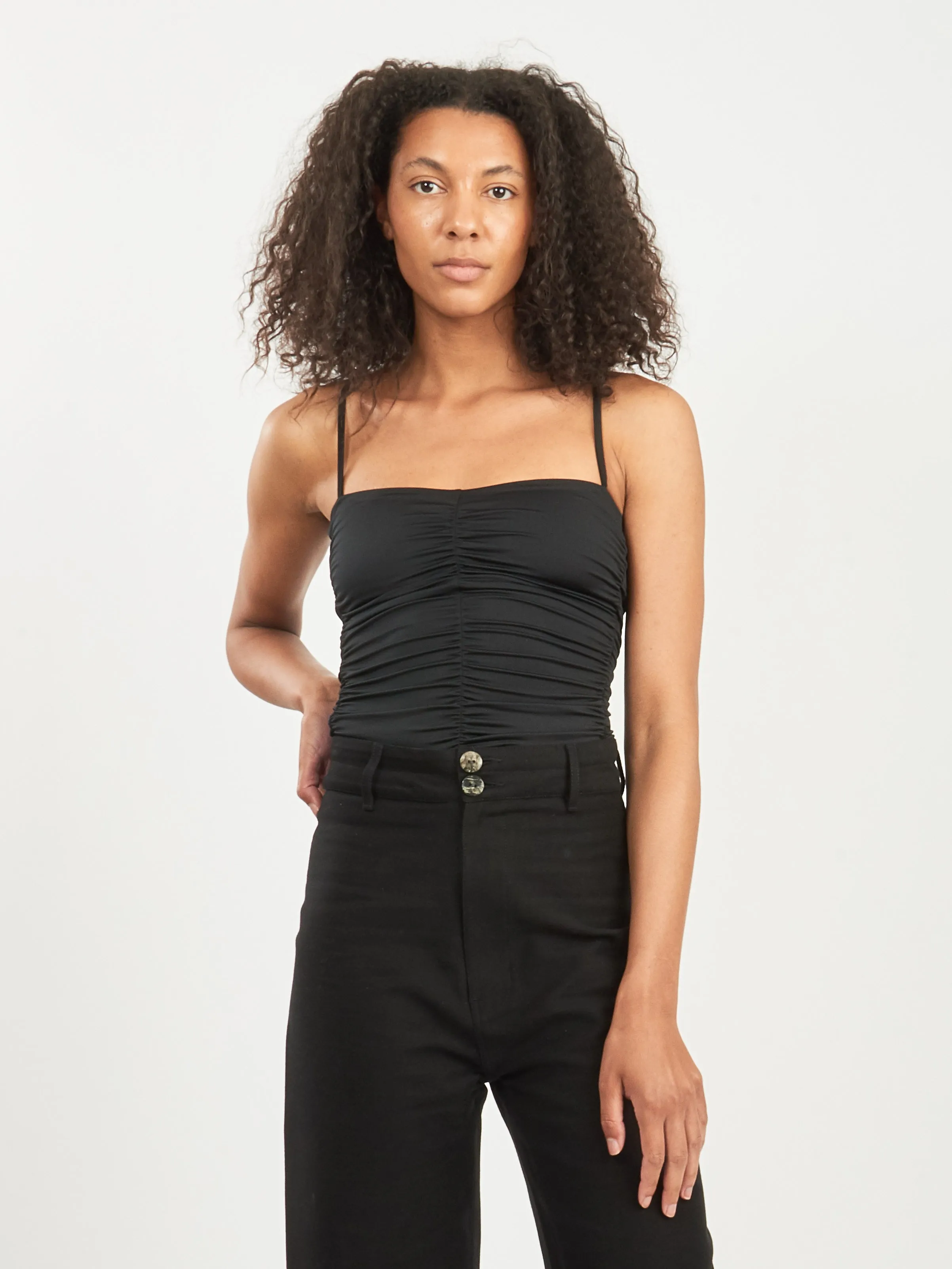 Black Stretch Light Weight Tech Knit Shirred Cami