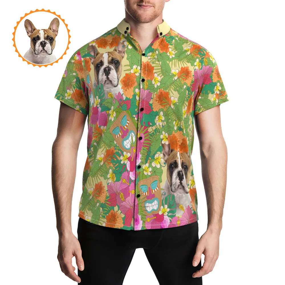 Custom Pet Face Hawaiian Shirt Floral Print Button Up Beach Shirts Gift For Couple