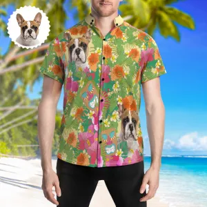 Custom Pet Face Hawaiian Shirt Floral Print Button Up Beach Shirts Gift For Couple