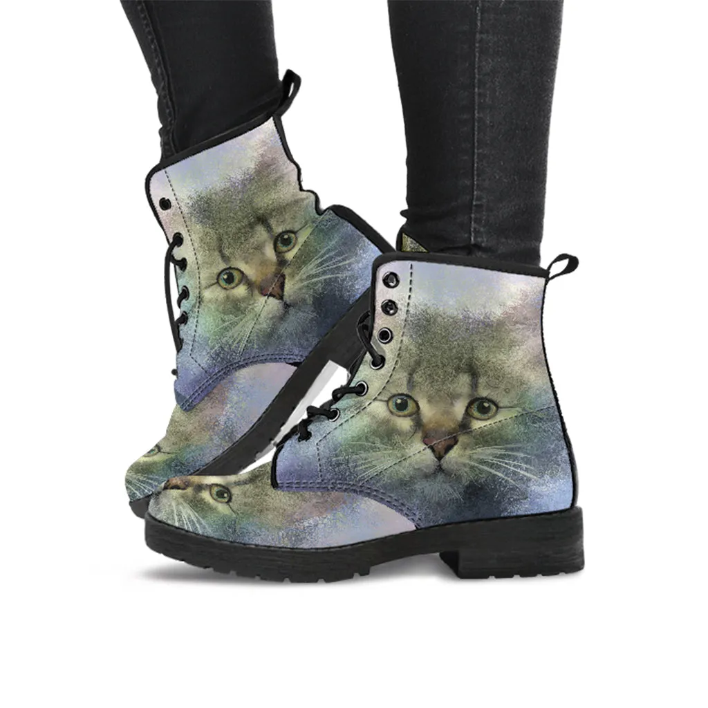 Cute Cat Face Women's Vegan Leather Combat Boots