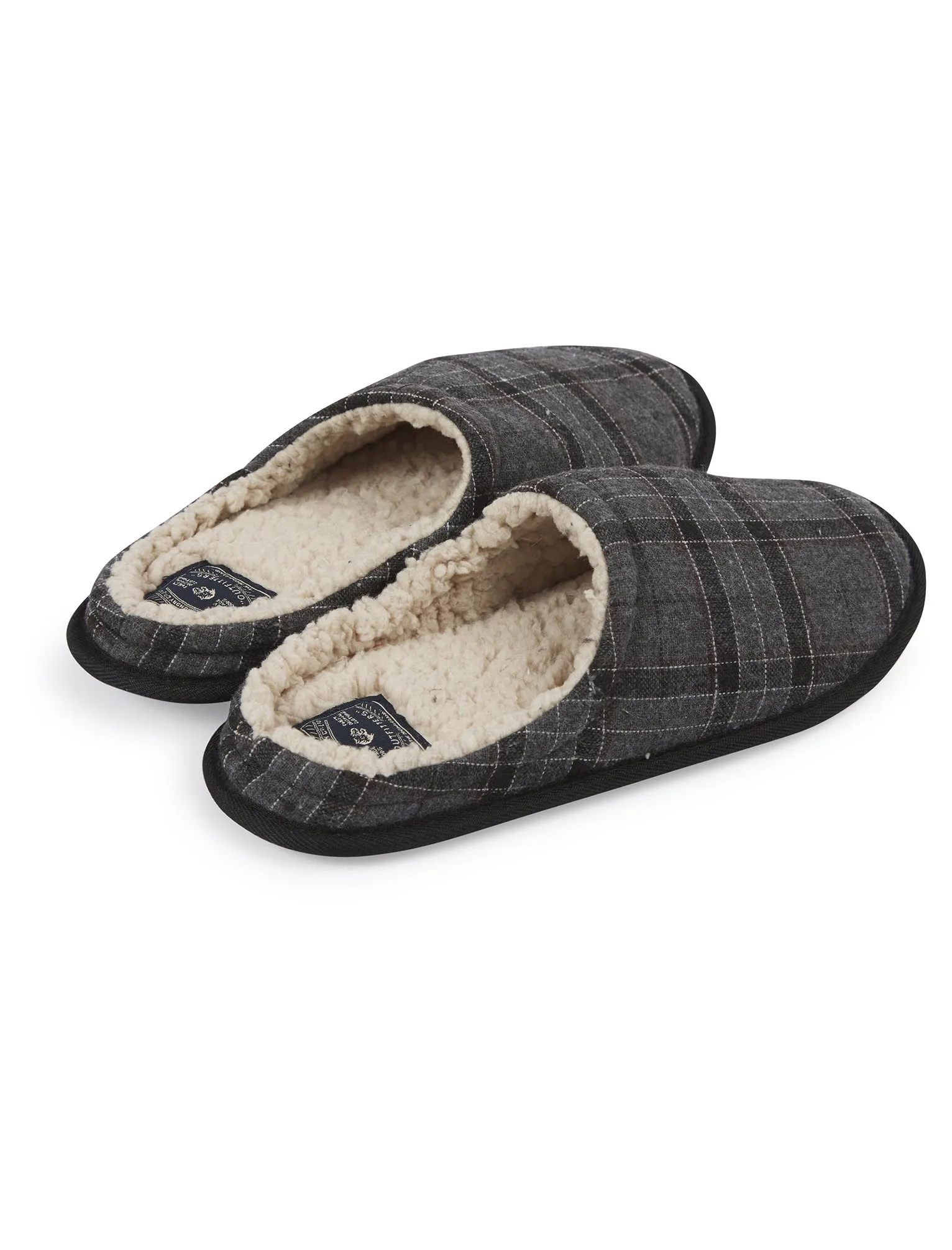 Deagal Faux Wool Checked Mule Slippers with Sherpa Fleece Lining in Grey - Tokyo Laundry