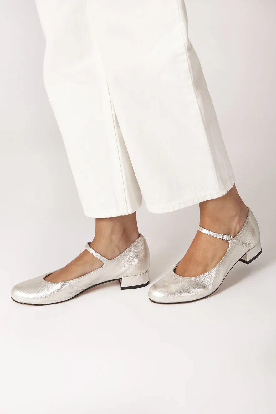 Emilia Mary Janes in Silver Leather