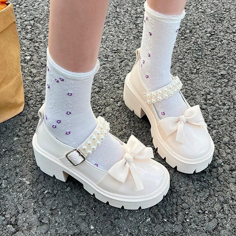 Fad High Heel Sandals Party Dress Women Casual Mary Janes Bow Shoes 2022 New Summer Autumn Women Lolita Platform Pearl Sandals