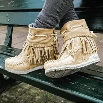 Flat Fringe Round Toe Ankle Boots