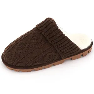 Footsuite Women's Knitted Memory Foam Scuff Mule Slipper with Faux Fur Lining, Slip-on Outdoor Indoor House Shoes(Coffee, 9-10)