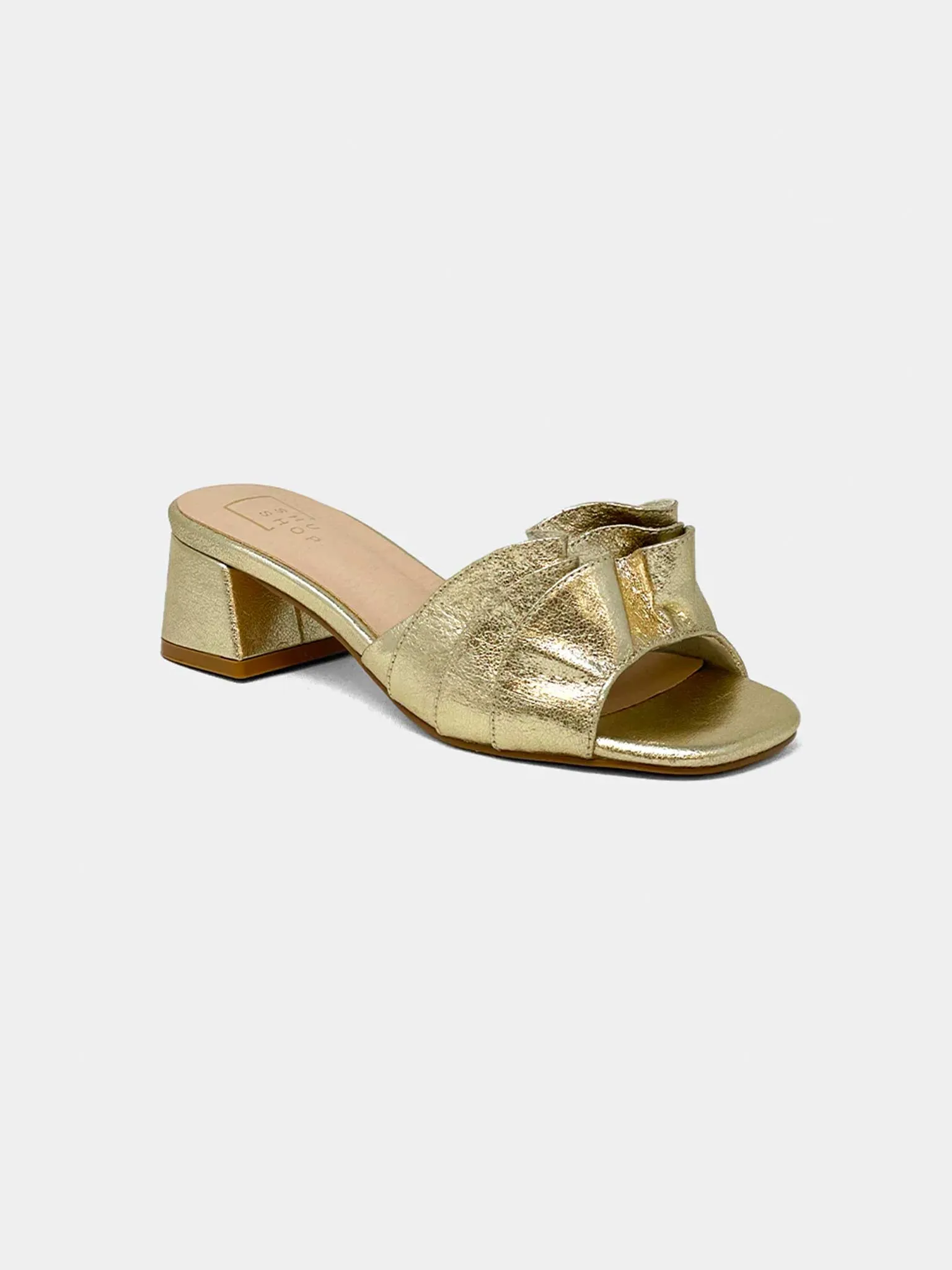 Frances Ruched Block Heel in Gold
