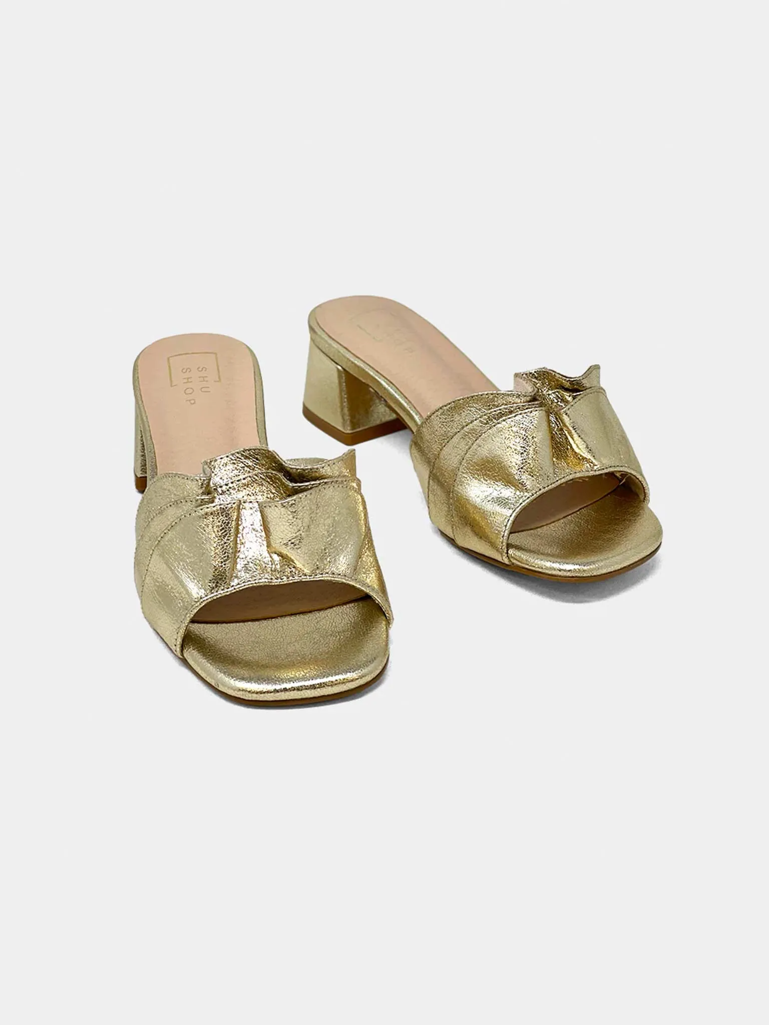 Frances Ruched Block Heel in Gold