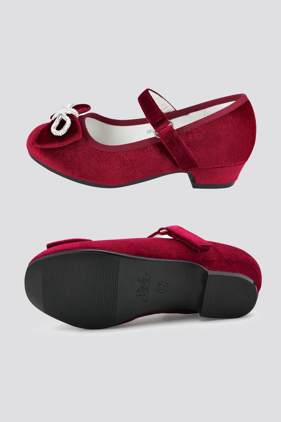 Girls’ Classic Mary Jane Shoes | Velvet Heels with Crystal Bows