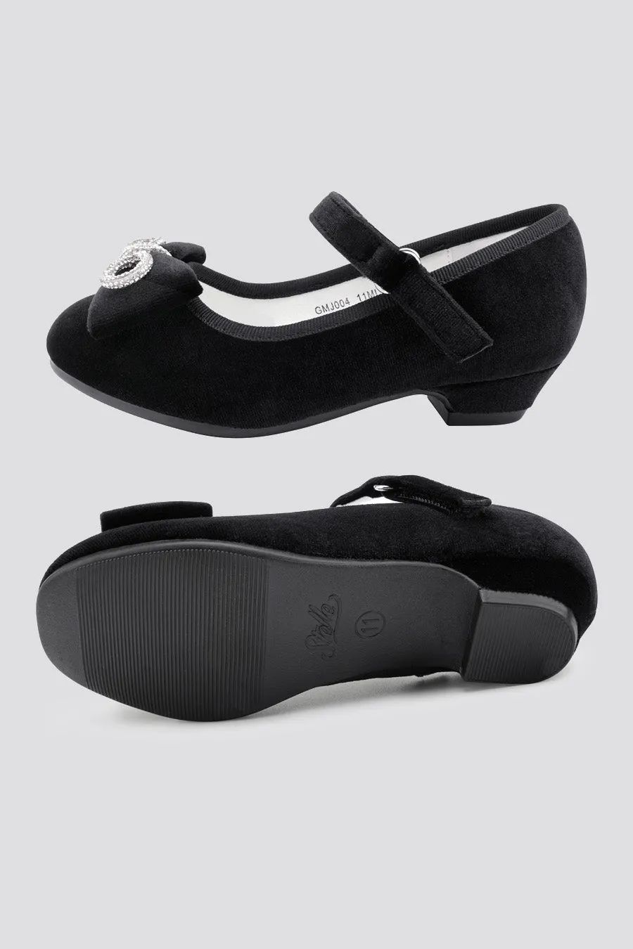Girls’ Classic Mary Jane Shoes | Velvet Heels with Crystal Bows
