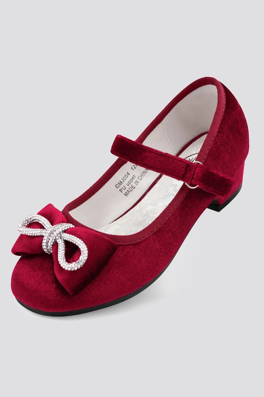 Girls’ Classic Mary Jane Shoes | Velvet Heels with Crystal Bows