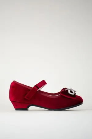 Girls’ Classic Mary Jane Shoes | Velvet Heels with Crystal Bows
