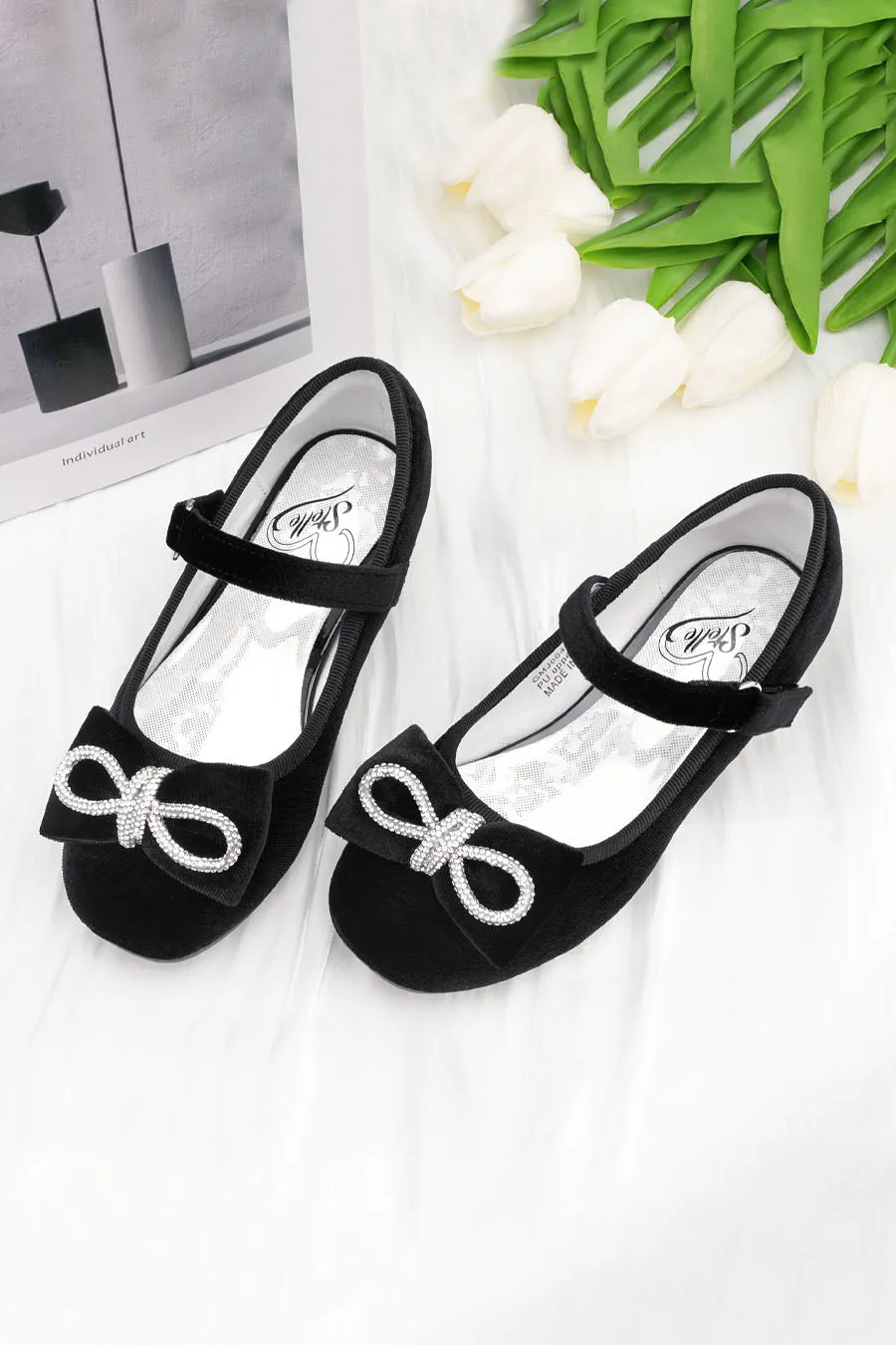 Girls’ Classic Mary Jane Shoes | Velvet Heels with Crystal Bows