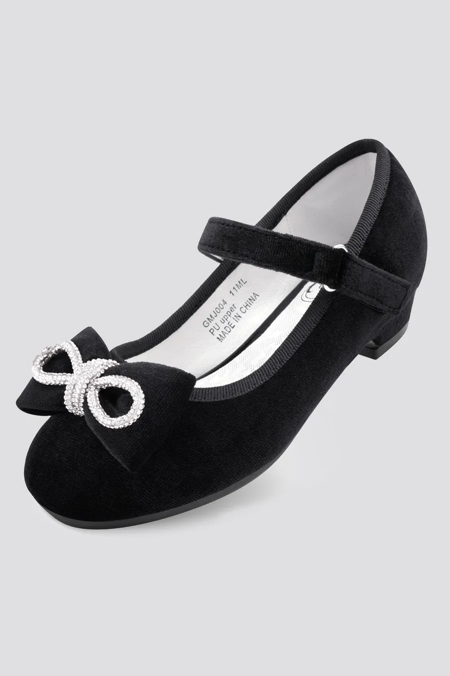 Girls’ Classic Mary Jane Shoes | Velvet Heels with Crystal Bows