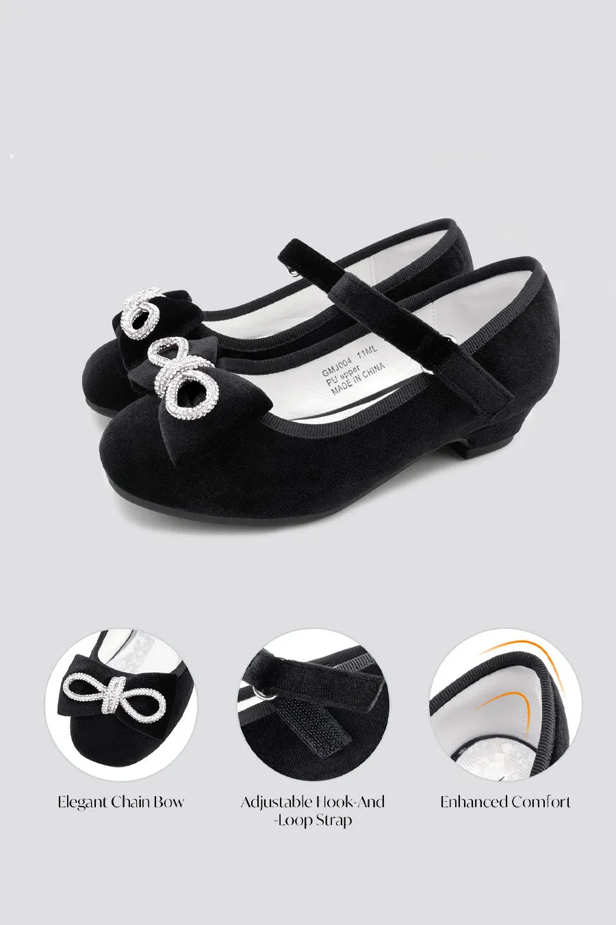 Girls’ Classic Mary Jane Shoes | Velvet Heels with Crystal Bows