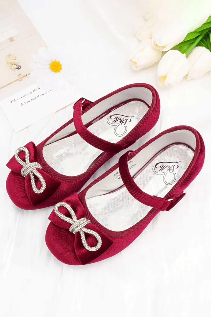 Girls’ Classic Mary Jane Shoes | Velvet Heels with Crystal Bows