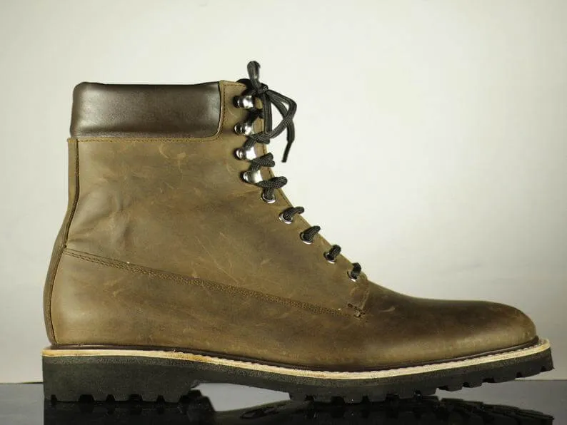Handmade Men's Brown Leather Ankle Lace Up Boots, Men Designer Boots