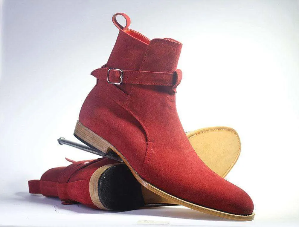 Handmade Men's Red Suede Ankle Boots, Men Designer Jodhpurs Boots