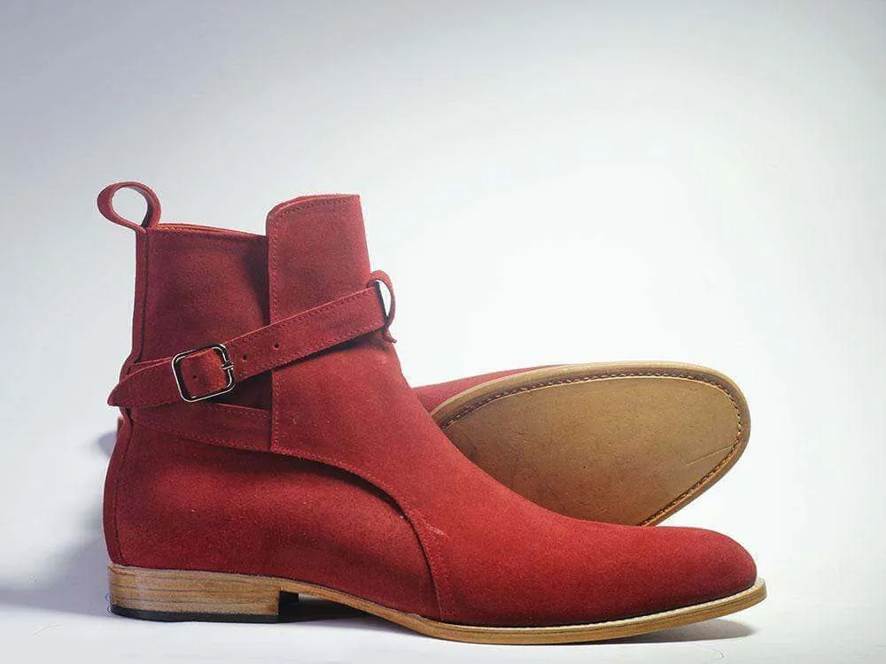 Handmade Men's Red Suede Ankle Boots, Men Designer Jodhpurs Boots