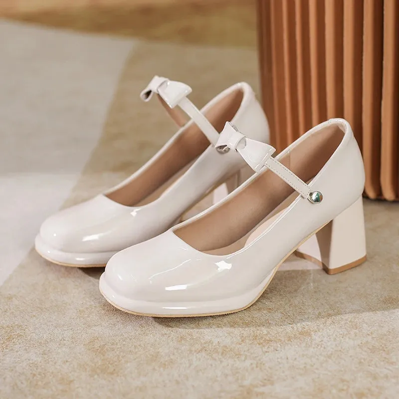 Hnzxzm Chunky Heels Pumps Women Mary Jane Shoes with Bow Black Patent Leather Elegant Heeled Office Dress Party Lady Shoes