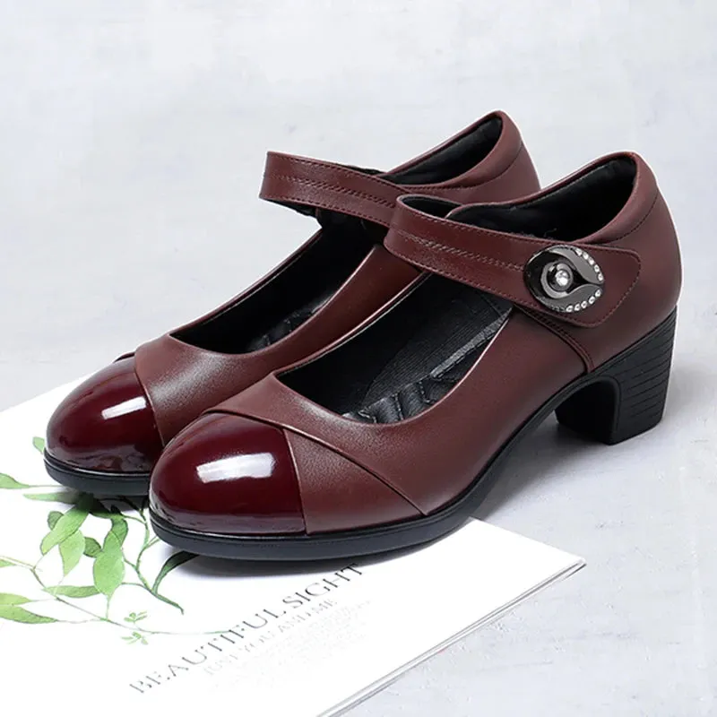 Hnzxzm Crystal Button Med Heels Mary Janes Women 2024 New Comfort Soft Bottom Moccasins Shoes Woman Square Heel Casual Shoes