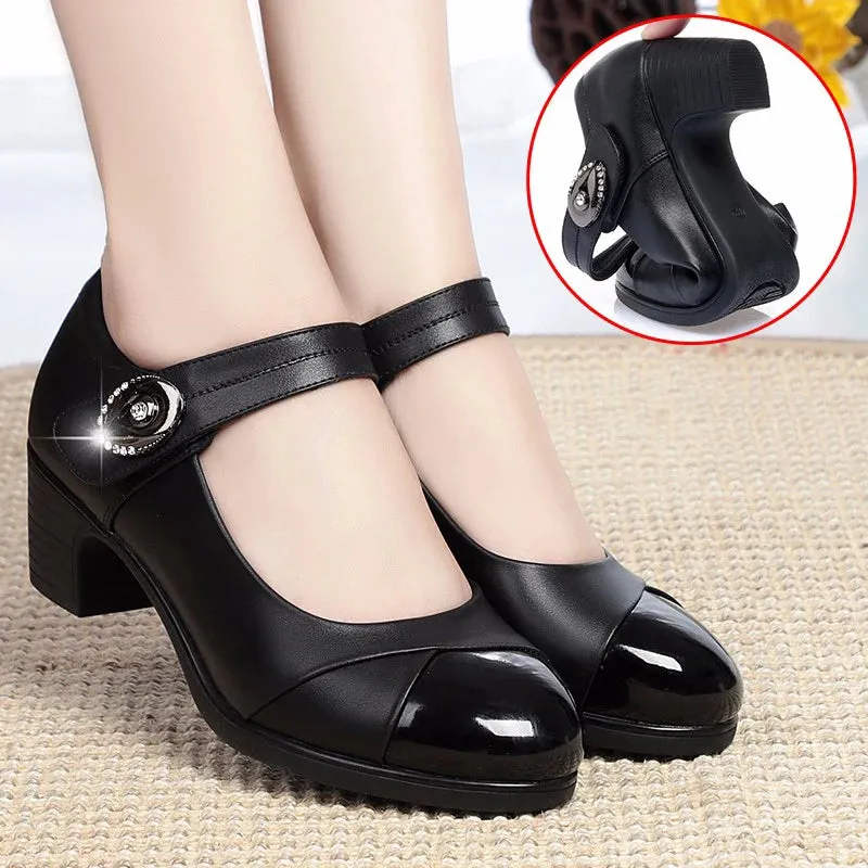 Hnzxzm Crystal Button Med Heels Mary Janes Women 2024 New Comfort Soft Bottom Moccasins Shoes Woman Square Heel Casual Shoes