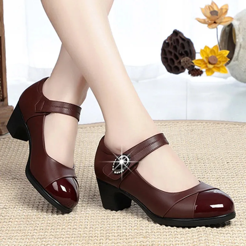 Hnzxzm Crystal Button Med Heels Mary Janes Women 2024 New Comfort Soft Bottom Moccasins Shoes Woman Square Heel Casual Shoes