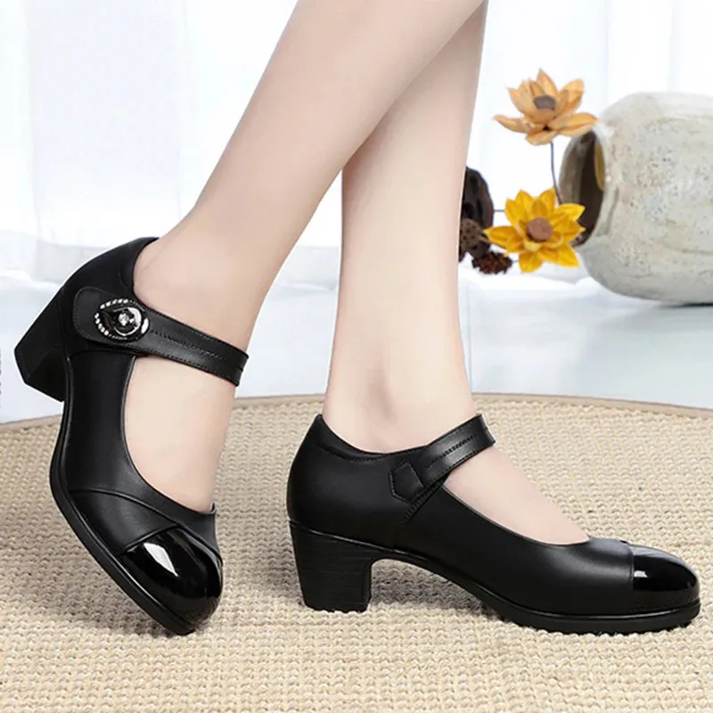 Hnzxzm Crystal Button Med Heels Mary Janes Women 2024 New Comfort Soft Bottom Moccasins Shoes Woman Square Heel Casual Shoes