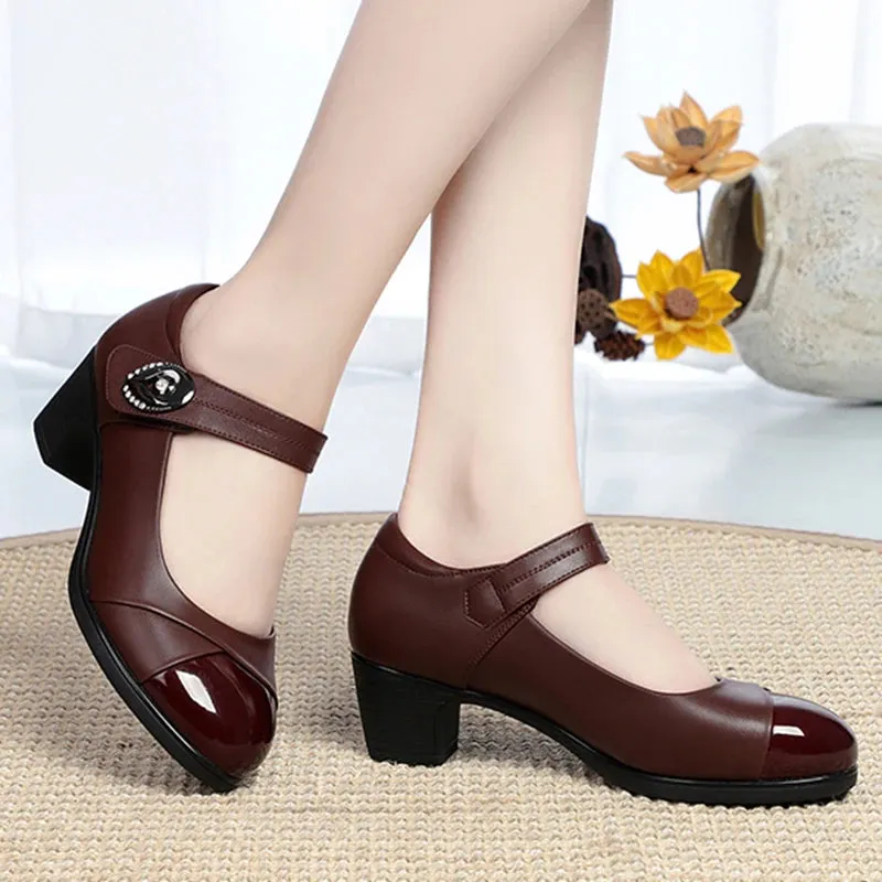 Hnzxzm Crystal Button Med Heels Mary Janes Women 2024 New Comfort Soft Bottom Moccasins Shoes Woman Square Heel Casual Shoes