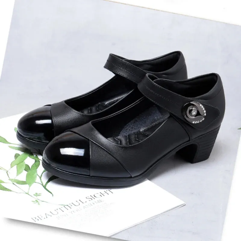 Hnzxzm Crystal Button Med Heels Mary Janes Women 2024 New Comfort Soft Bottom Moccasins Shoes Woman Square Heel Casual Shoes