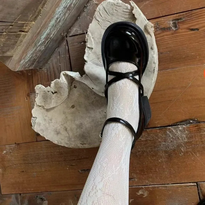 Hnzxzm Fashion Cross Strap Thick Heels Pumps Women New Black Brown High Heel Mary Janes Woman Round Toe College Style Zapato Mujer
