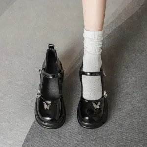 Hnzxzm Platform Mary Jane Shoes Women 2024 New College Thick Heel Loafers Bows JK Lolita Leather Shoes Cute Round Toe Pumps Black