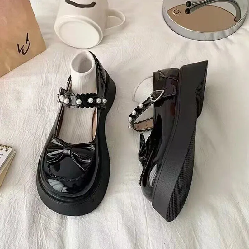 Hnzxzm Sweet Cute Bowknot Platform Mary Janes Women Round Toe Pearl Ankle Strap Lolita Shoes Woman New Patent Leather Lovely Pumps