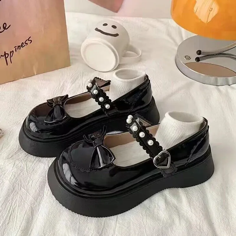 Hnzxzm Sweet Cute Bowknot Platform Mary Janes Women Round Toe Pearl Ankle Strap Lolita Shoes Woman New Patent Leather Lovely Pumps