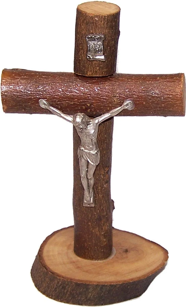 Holy Land Market Table natural Olive wood Cross/Crucifix with with bark left as is