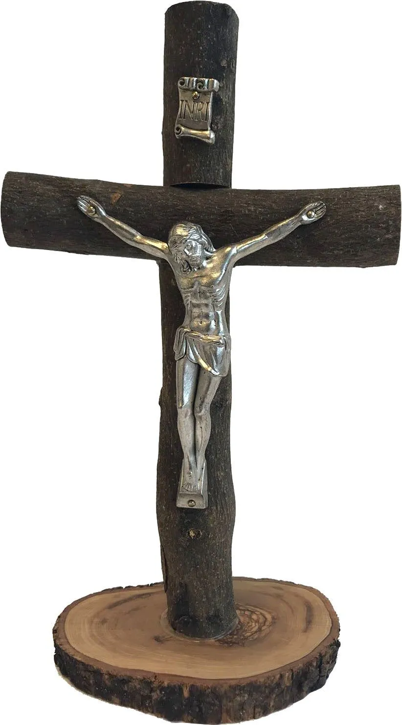 Holy Land Market Table natural Olive wood Cross/Crucifix with with bark left as is