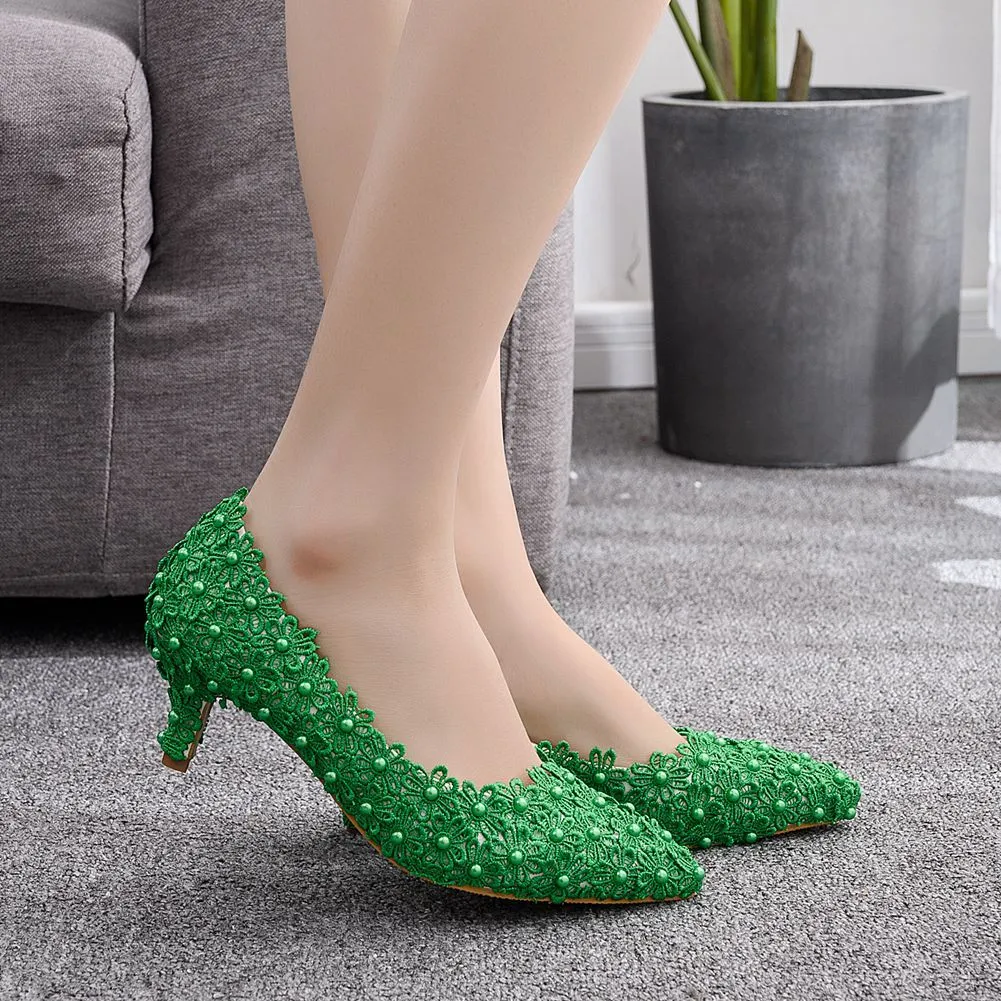 Lace Pointed Low-heeled Wedding Shoes