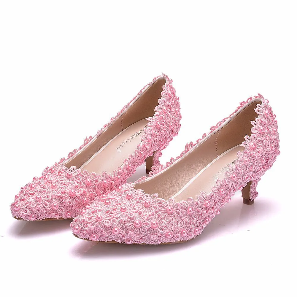 Lace Pointed Low-heeled Wedding Shoes