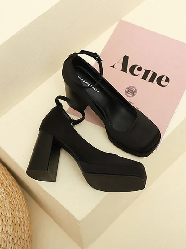 Lace-Up Shallow Cut Square-Toe Pumps Mary Janes