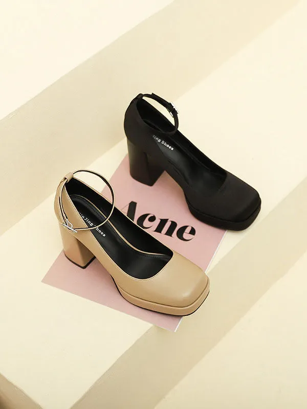 Lace-Up Shallow Cut Square-Toe Pumps Mary Janes