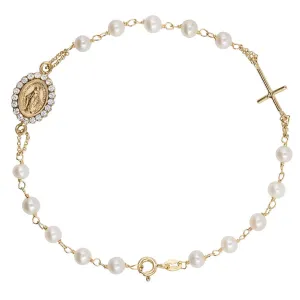 MIRACULOUS MEDAL AND CROSS - CHRISTIAN BRACELET - GOLD AND PEARLS