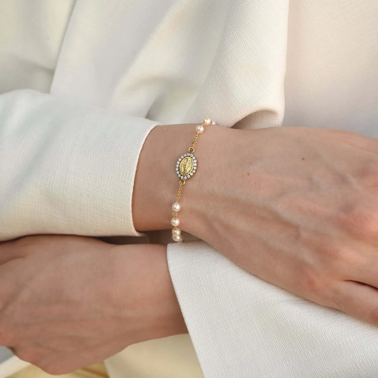 MIRACULOUS MEDAL AND CROSS - CHRISTIAN BRACELET - GOLD AND PEARLS