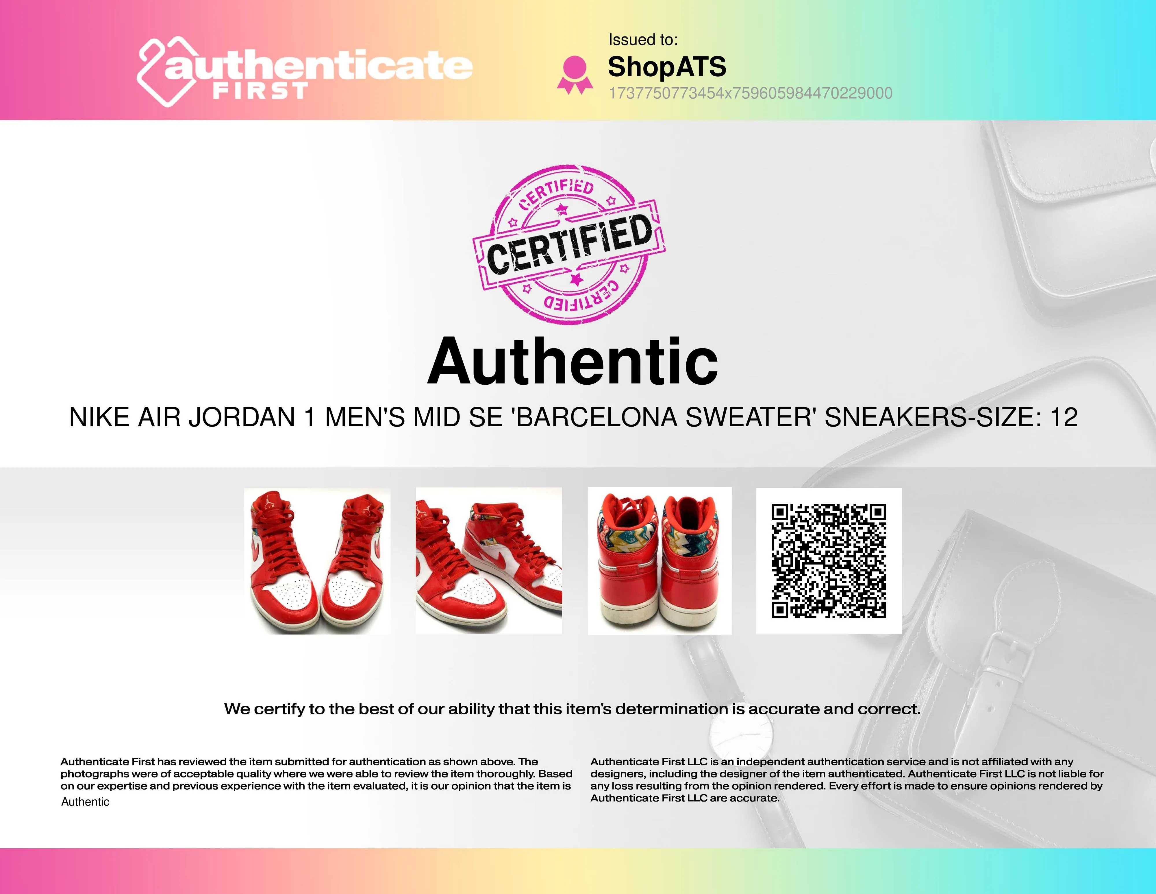 Nike Air Jordan 1 Men's Mid SE 'Barcelona Sweater' Sneakers Size: 12 ( COA)