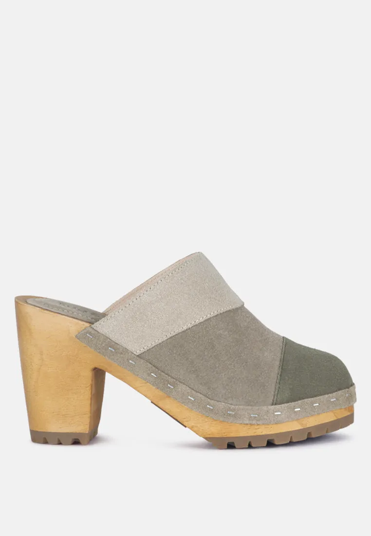 OCHROMA Vintage Patchwork Suede Mule Clogs in Olive